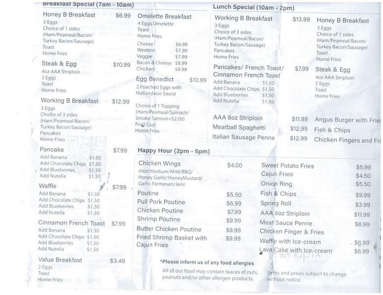 HoneyB Hives Restaurant - Toronto, ON menu_pic