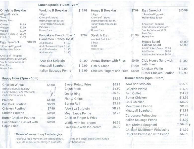 HoneyB Hives Restaurant - Toronto, ON menu_pic