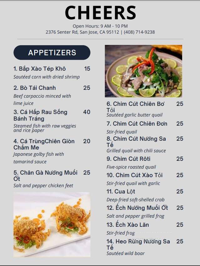 Cheers Restaurant - San Jose, CA menu_pic
