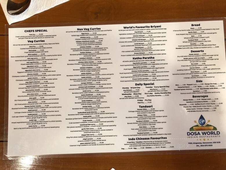 Dosa World - Vancouver, BC menu_pic