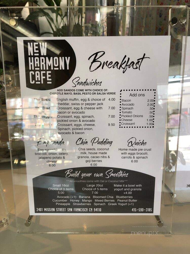 New Harmony Cafe - San Francisco, CA menu_pic