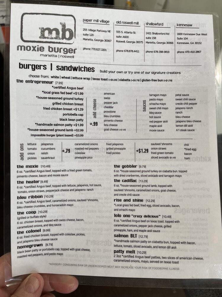 Moxie Burger - Kennesaw, GA menu_pic