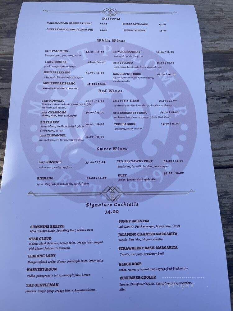 The Restaurant at Mount Palomar - Temecula, CA menu_pic