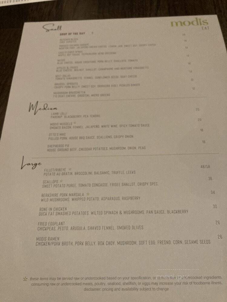Modis In the City - Denver, CO menu_pic