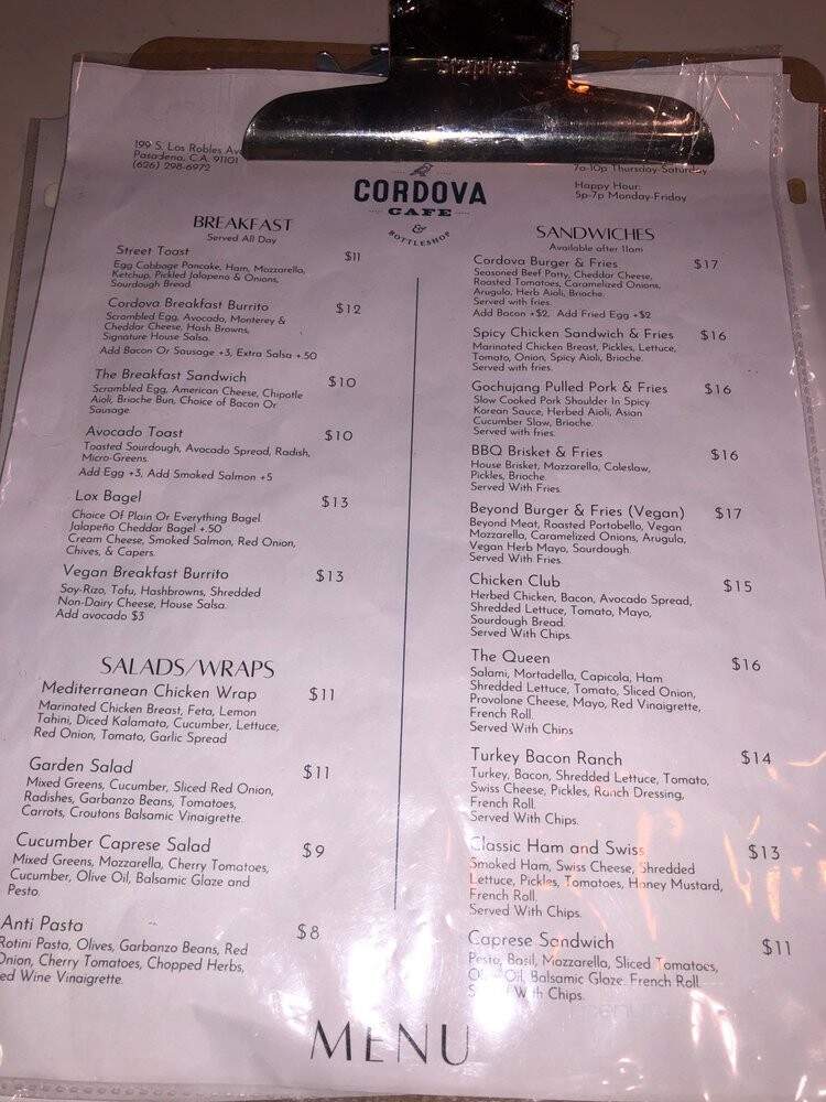 Cordova Cafe & Bottleshop - Pasadena, CA menu_pic