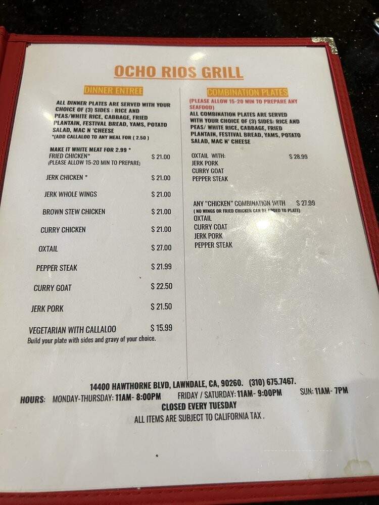 Ocho Rios Grill - Lawndale, NV menu_pic