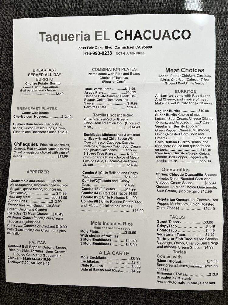El Chacuaco Taqueria - Carmichael, CA menu_pic