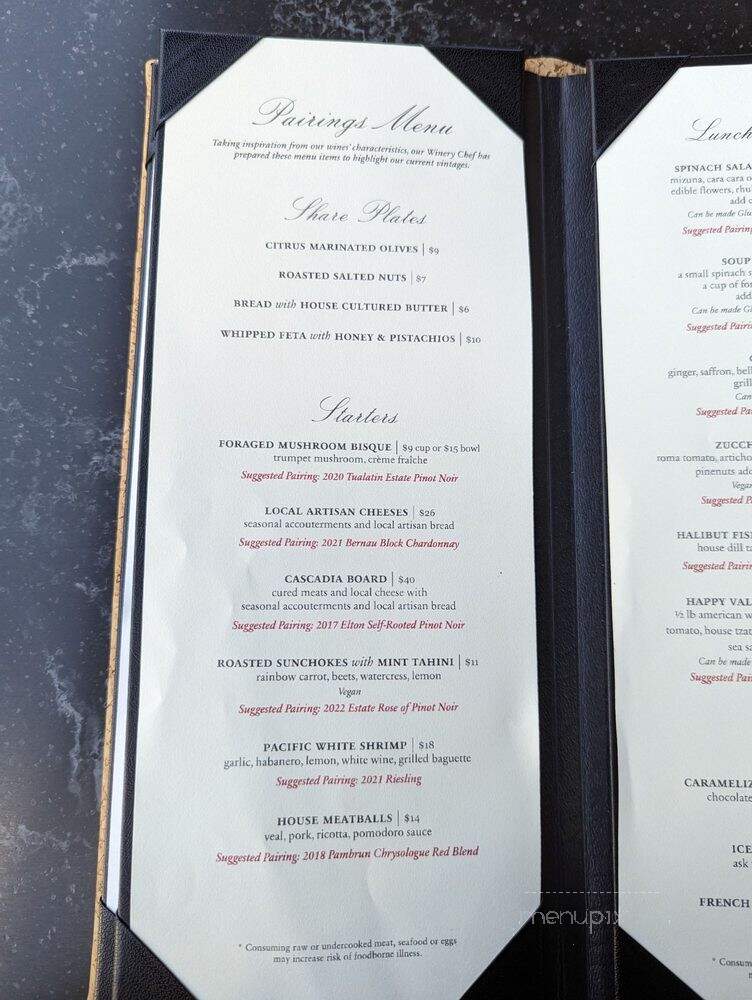 Willamette Valley Vineyards - Boring, OR menu_pic