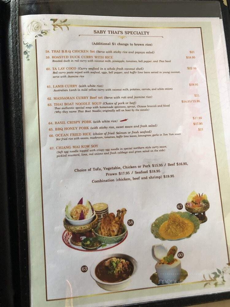 Saby Thai Restaurant - San Jose, CA menu_pic