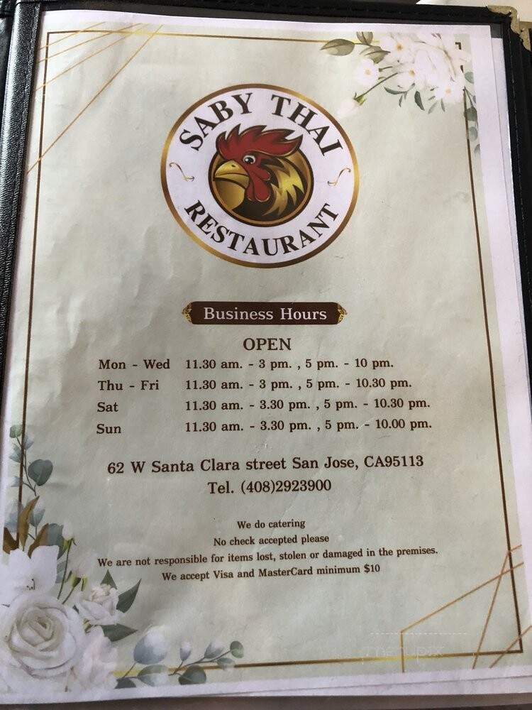 Saby Thai Restaurant - San Jose, CA menu_pic