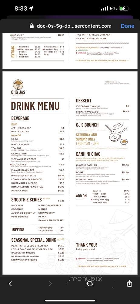 Ong Jas Viet Kitchen - Pearland, TX menu_pic