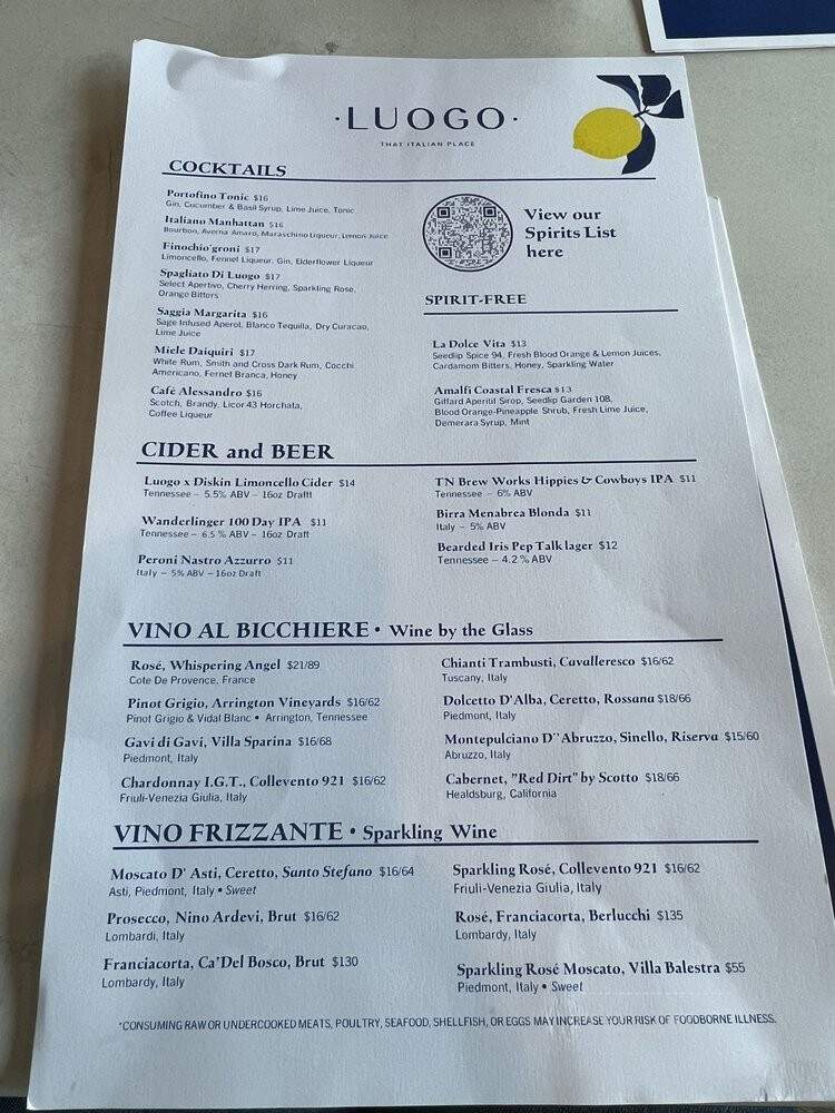 Luogo Restaurant - Nashville, TN menu_pic