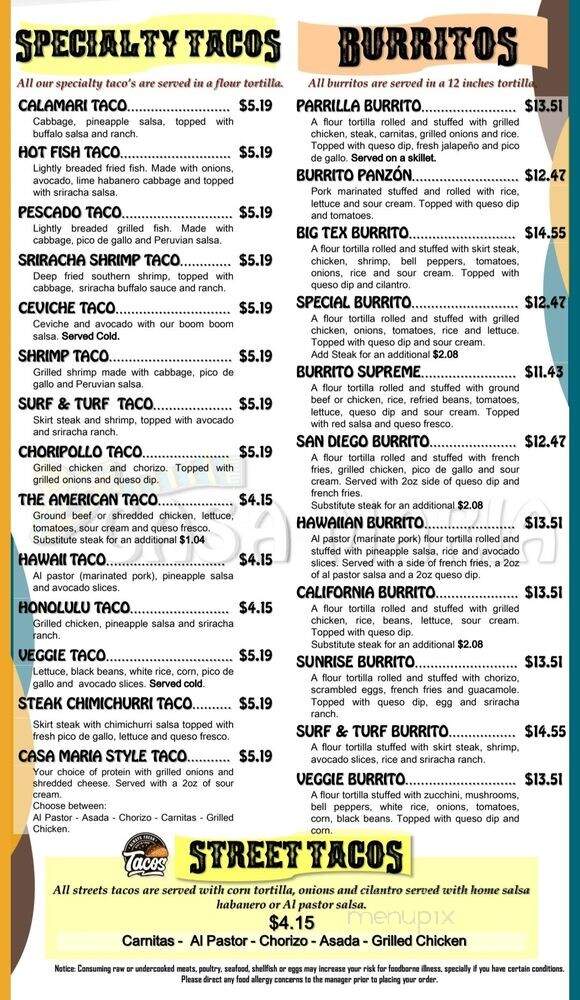 Casa Maria Tequila Bar & Grill - Jacksonville, FL menu_pic
