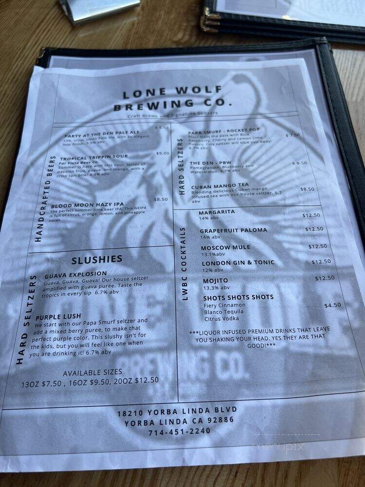 Lone Wolf Brewing - Yorba Linda, CA menu_pic