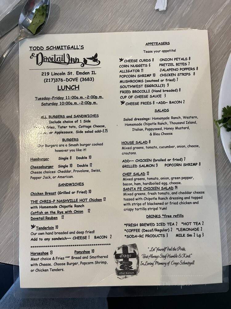 Dovetail - Emden, IL menu_pic