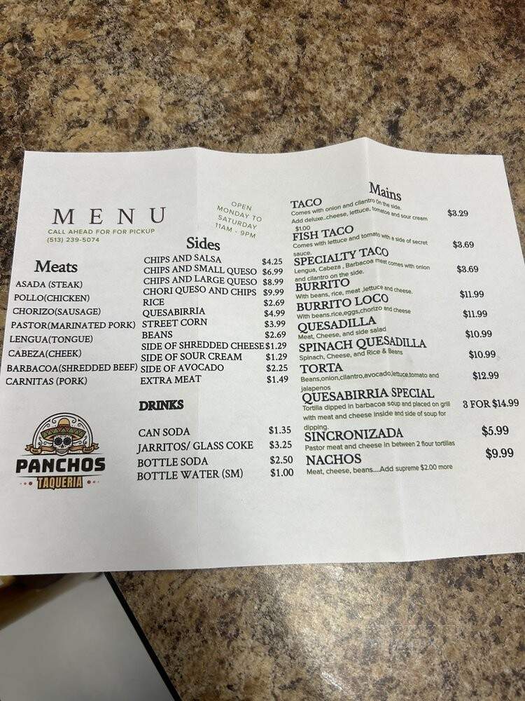 Panchos Taqueria - Loveland, OH menu_pic