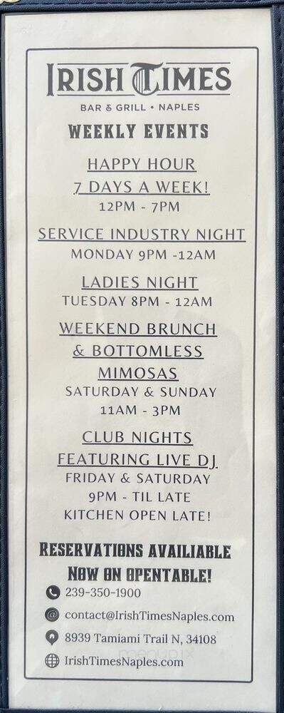 Irish Times Bar & Grill Naples - Naples, FL menu_pic