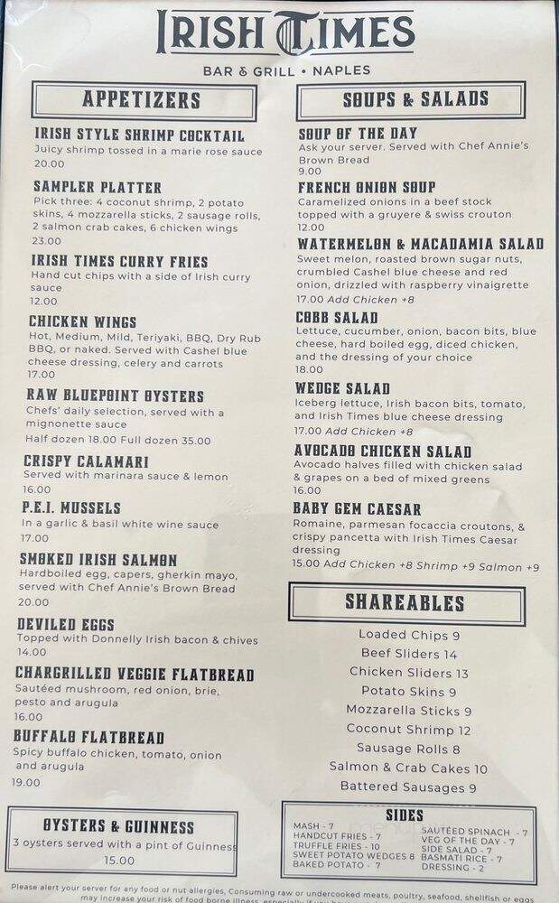 Irish Times Bar & Grill Naples - Naples, FL menu_pic