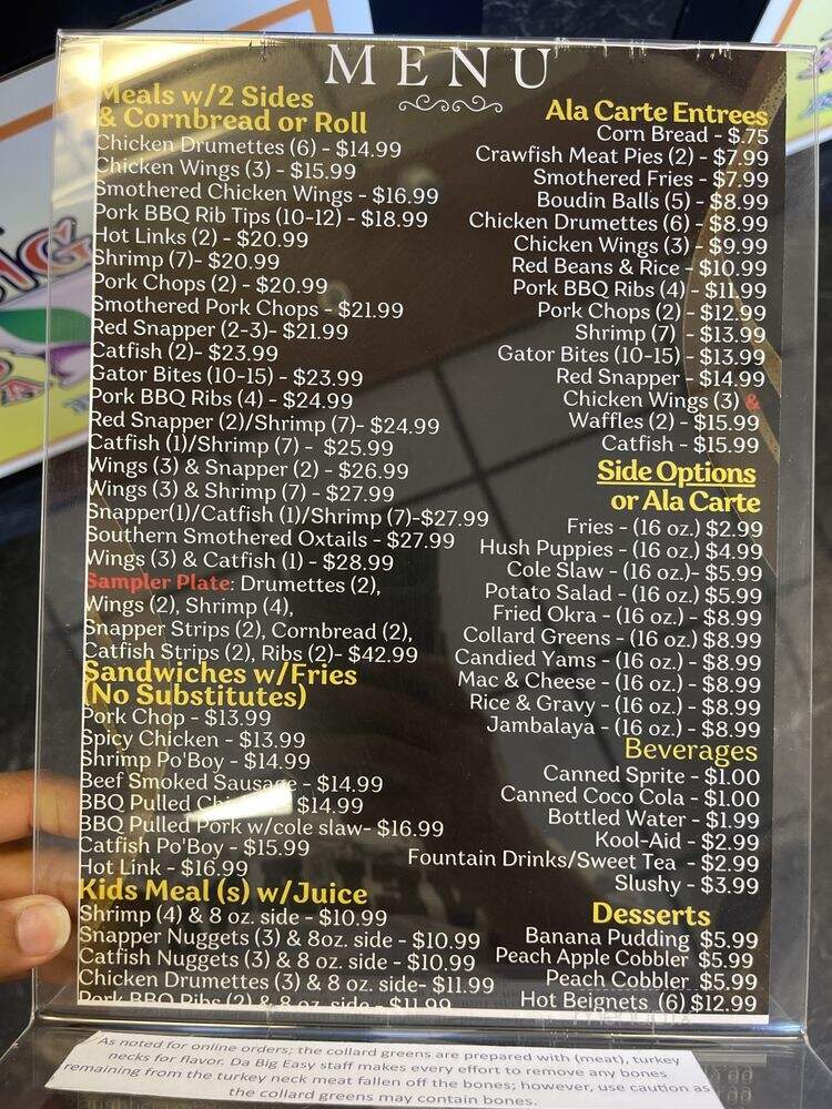 Da Big Easy Bayou Kitchen BBQ & Soulfood - Murrieta, CA menu_pic