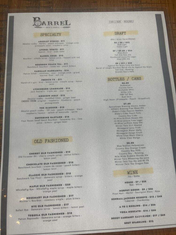 Barrel Bar and Grill - Louisville, KY menu_pic