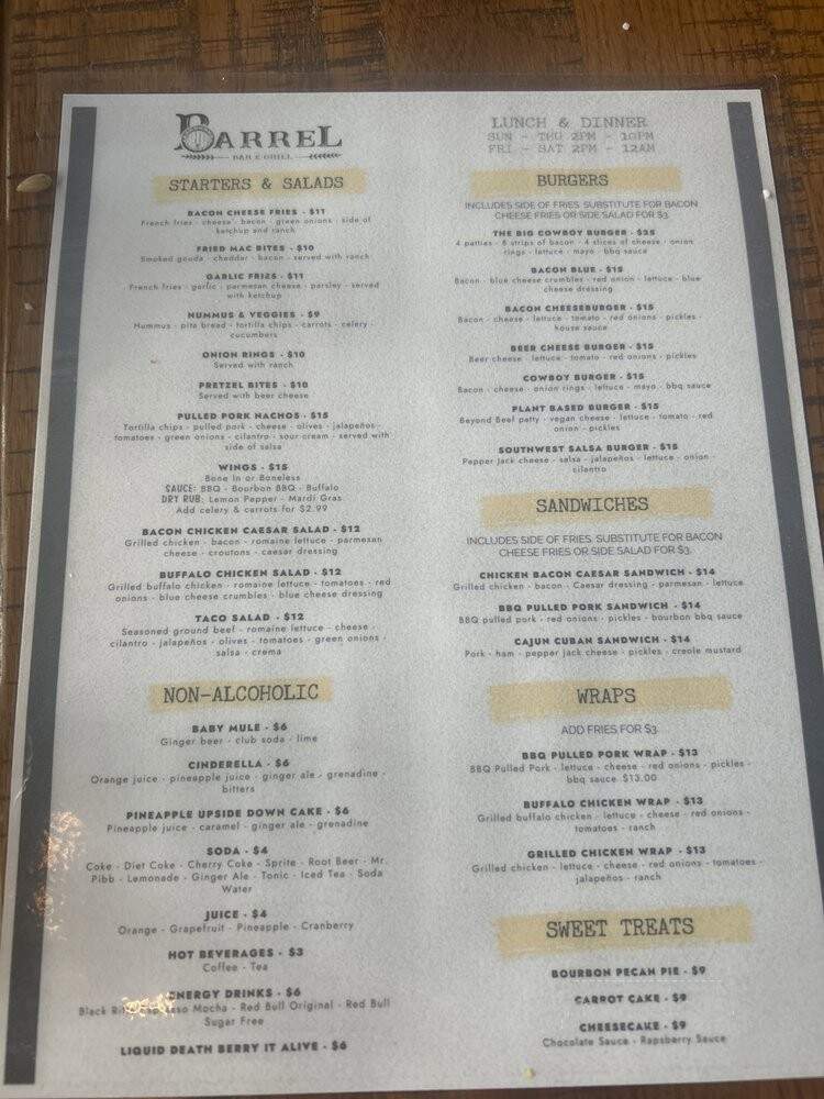 Barrel Bar and Grill - Louisville, KY menu_pic