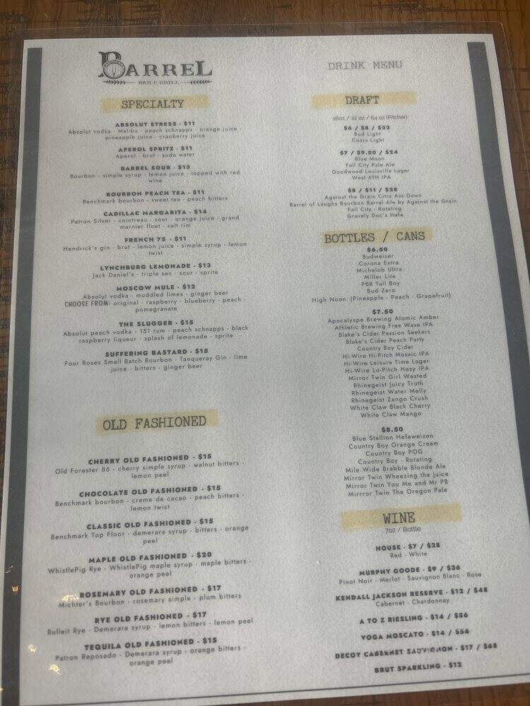 Barrel Bar and Grill - Louisville, KY menu_pic
