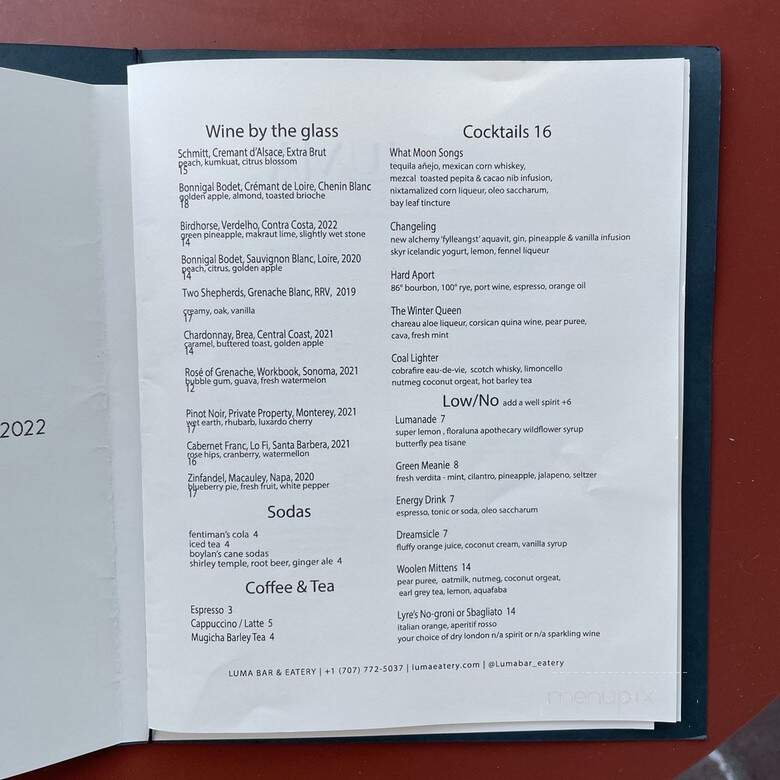 Luma Bar & Eatery - Petaluma, CA menu_pic
