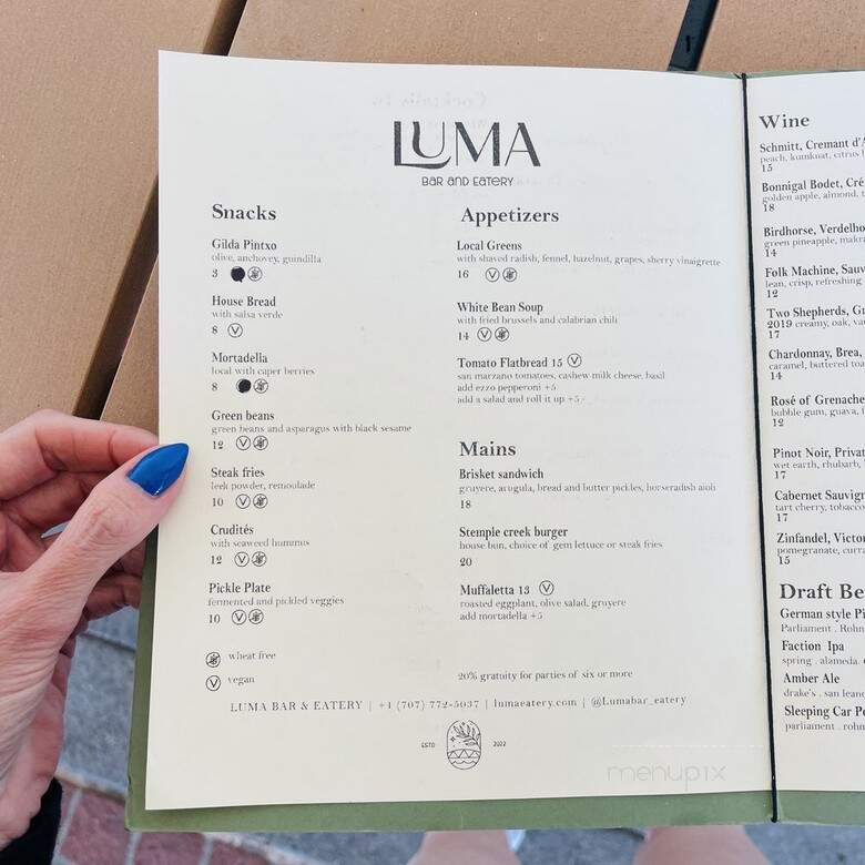 Luma Bar & Eatery - Petaluma, CA menu_pic