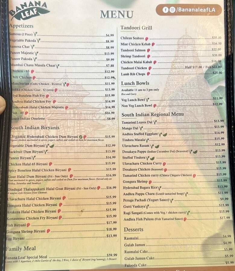 Banana Leaf Indian Restaurant - Los Angeles, CA menu_pic