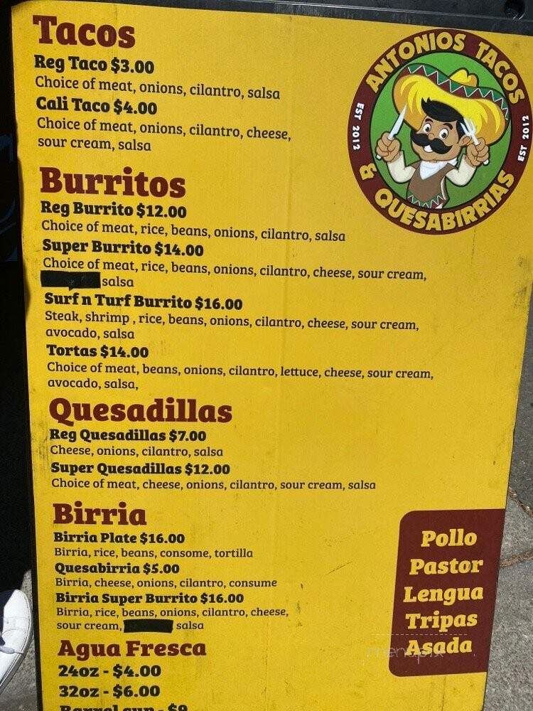 Antonios Tacos & Quesabirrias - San Leandro, CA menu_pic