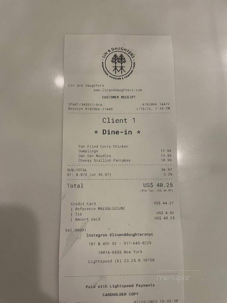 Lin & Daughters - New York, NY menu_pic