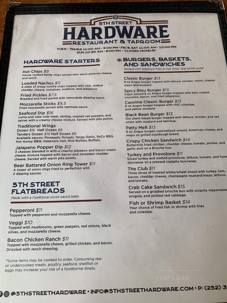5th Street Hardware Restaurant and Taproom - Greenville, NC menu_pic
