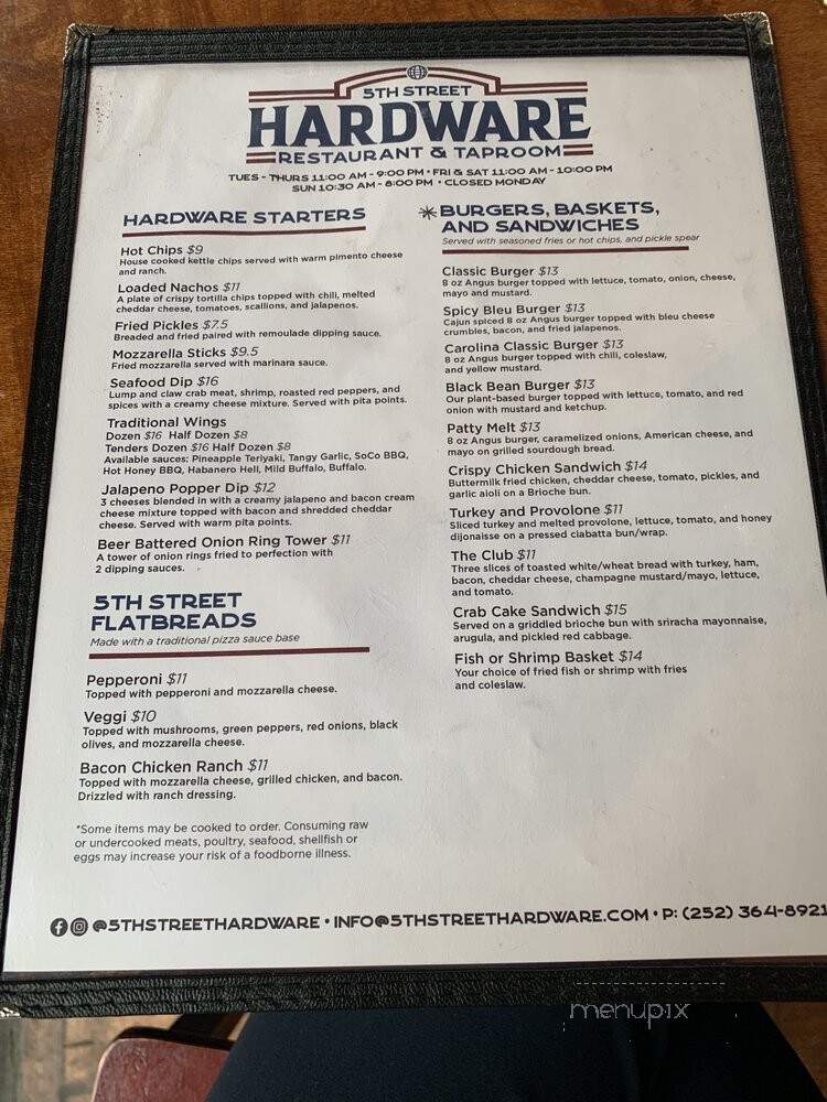 5th Street Hardware Restaurant and Taproom - Greenville, NC menu_pic