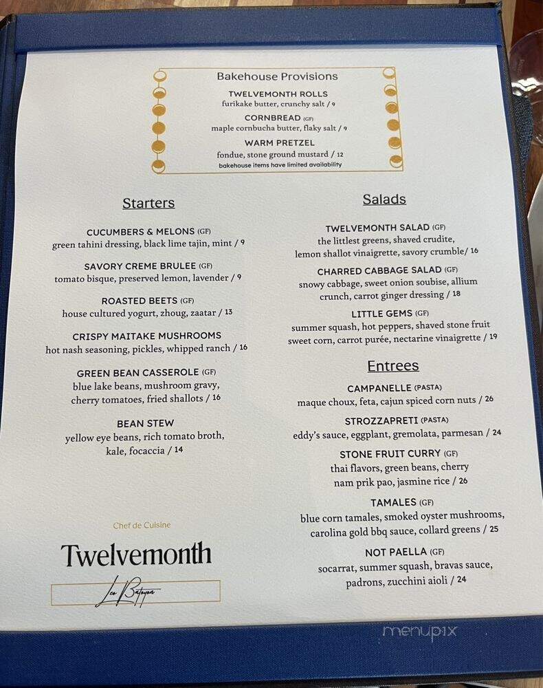 Menu of twelvemonth in burlingame ca 94010