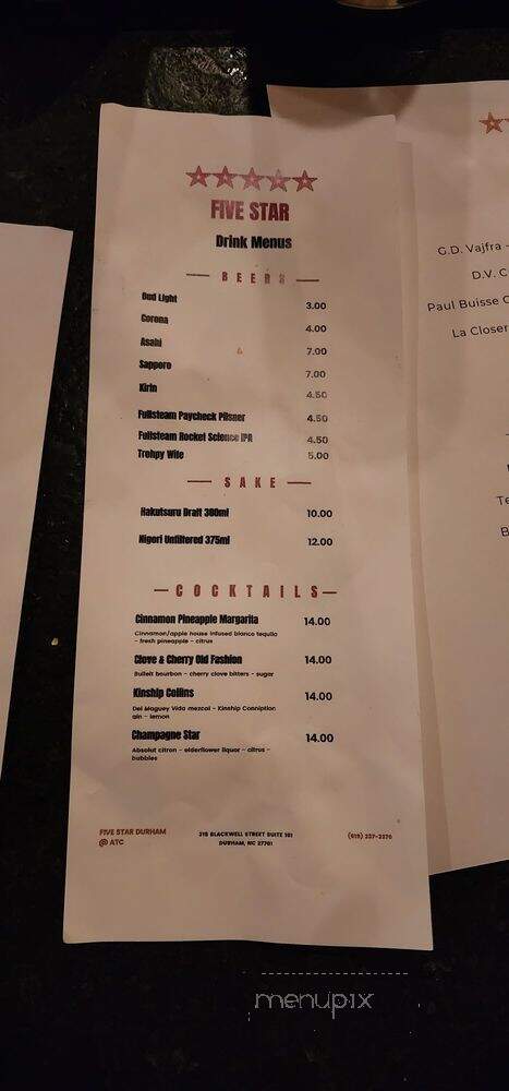 Five Star - Durham, NC menu_pic