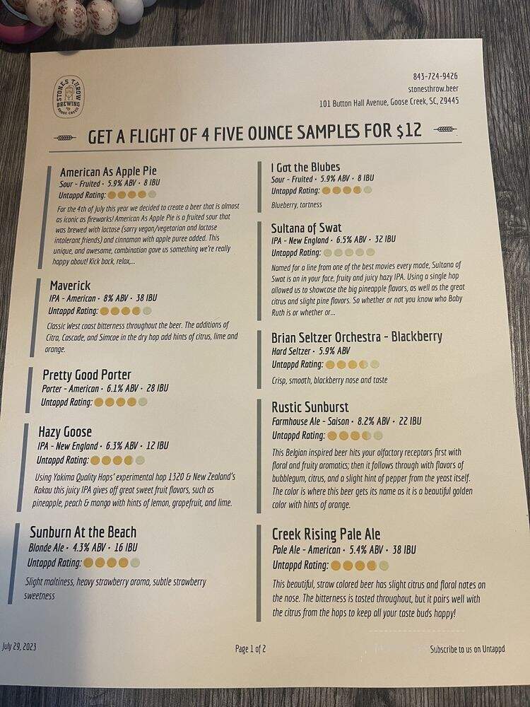 Stones Throw Brewing - Goose Creek, SC menu_pic
