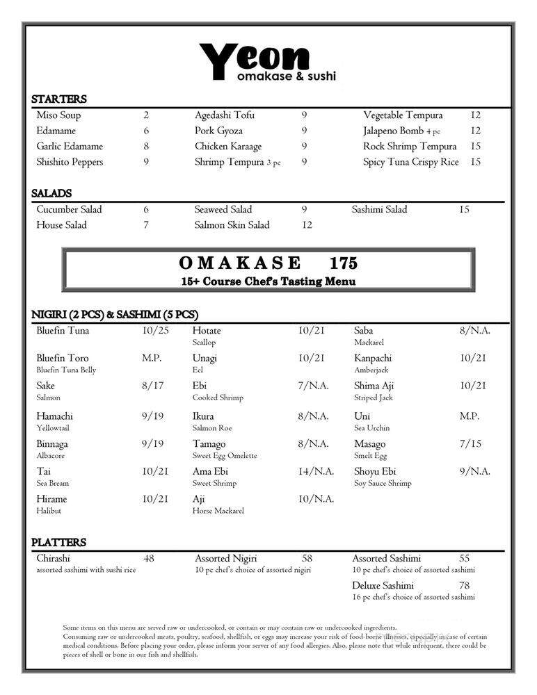 Yeon Omakase and Sushi - Los Angeles, CA menu_pic