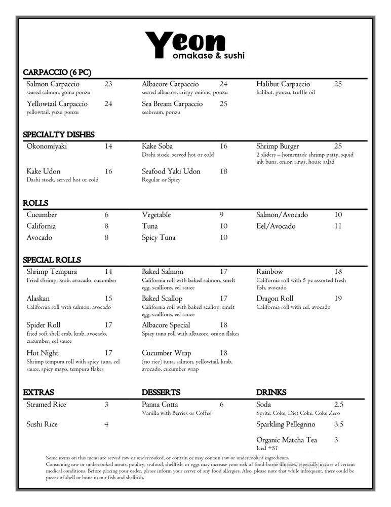Yeon Omakase and Sushi - Los Angeles, CA menu_pic