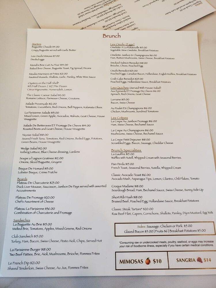 La Parisienne French Bistro - Frisco, TX menu_pic