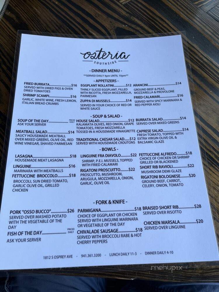 Osteria Southside - Sarasota, FL menu_pic