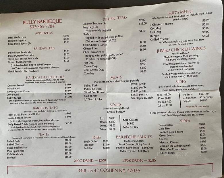 Bully Barbecue - Goshen, KY menu_pic