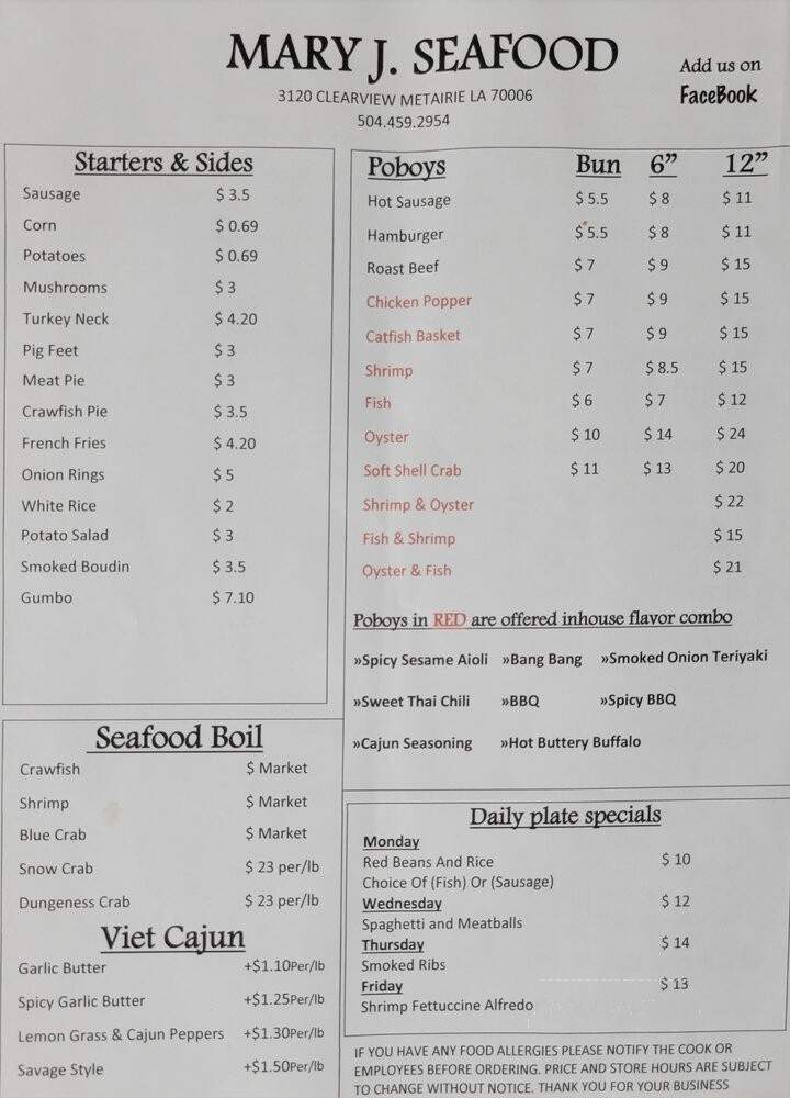Mary J's Seafood - Metairie, LA menu_pic
