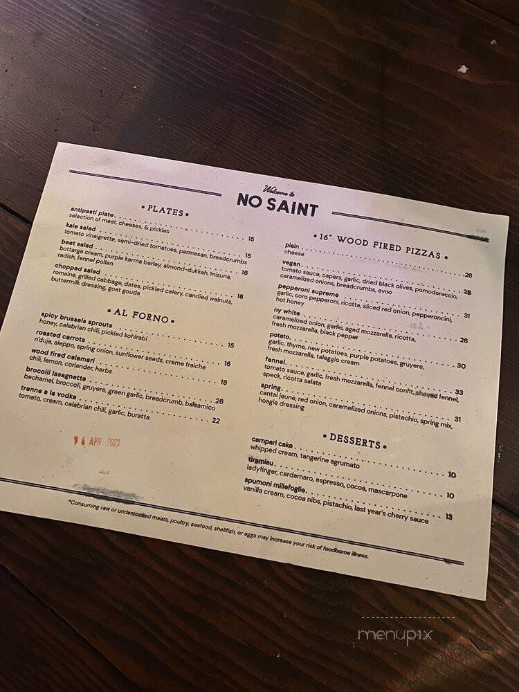 No Saint - Portland, OR menu_pic