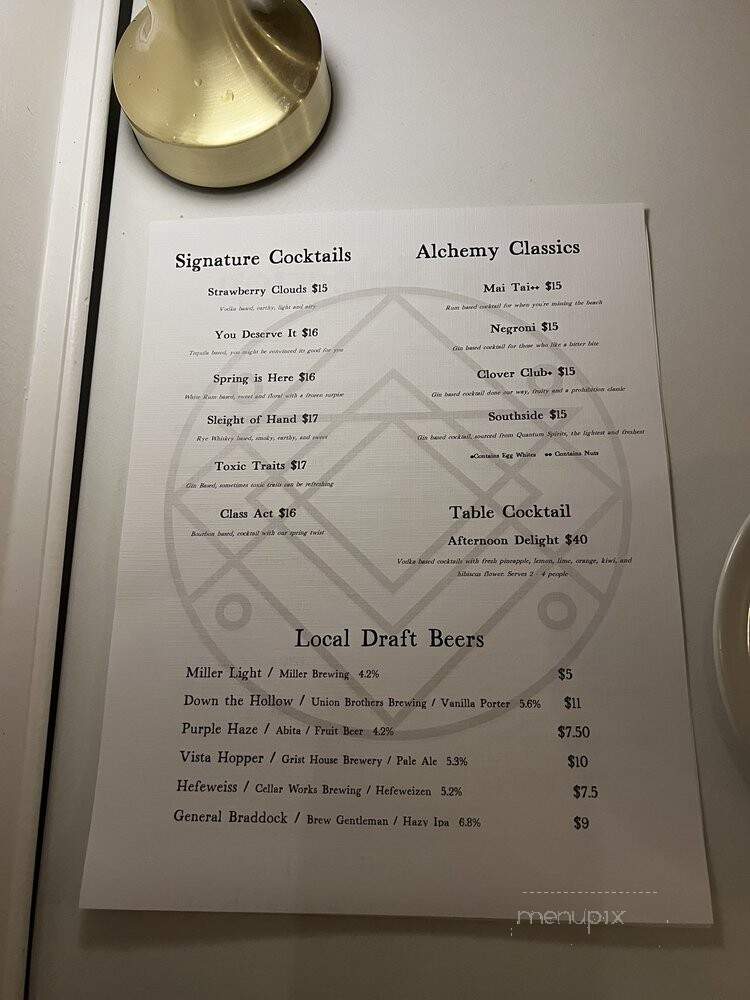 Alchemy Bar + Kitchen - Pittsburgh, PA menu_pic