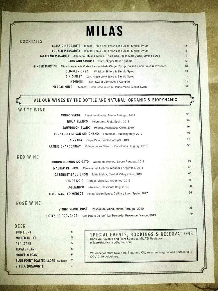 Mila's Bistro - New York, NY menu_pic