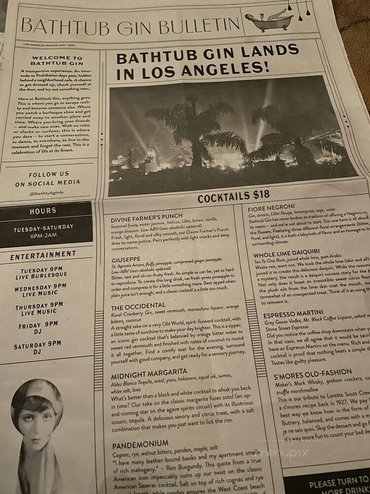 Bathtub Gin - Los Angeles, CA menu_pic
