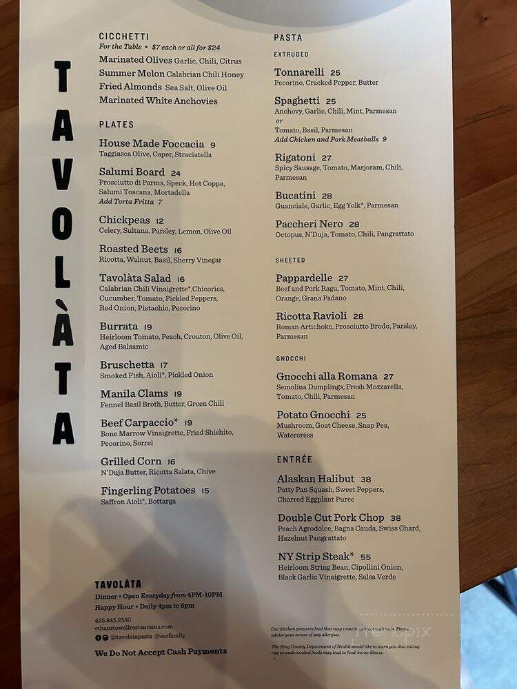 Tavolata - Redmond, WA menu_pic