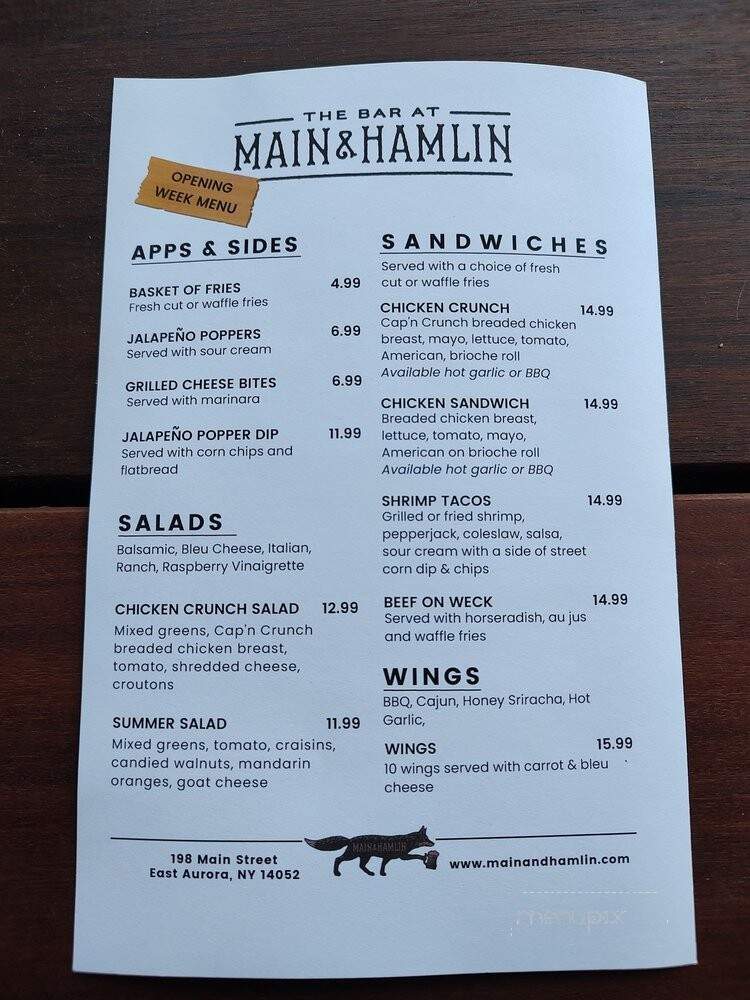 The Bar at Main and Hamlin - East Aurora, NY menu_pic