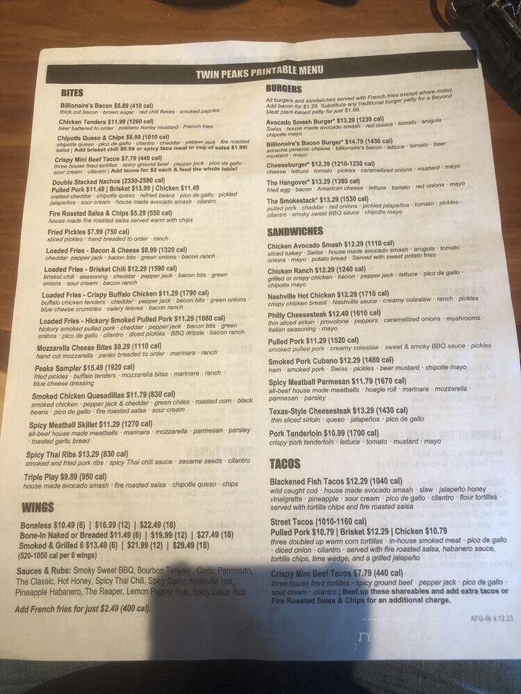 Twin Peaks - Greenwood, IN menu_pic