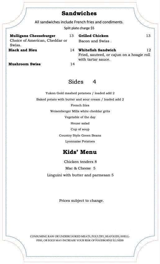 Mulligans Restaurant - Bronston, KY menu_pic
